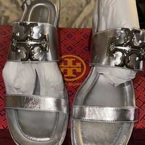 Tory Burch ELEANOR HEEL DRESS SANDAL Silver Size US 9